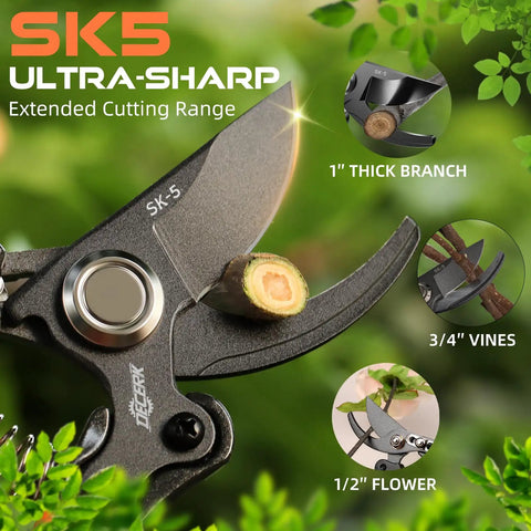 Close-up of 8.5 Inch Pruning Shears for easy cuts with ultra sharp SK5 steel titanium blade, cutting through a plant branch.