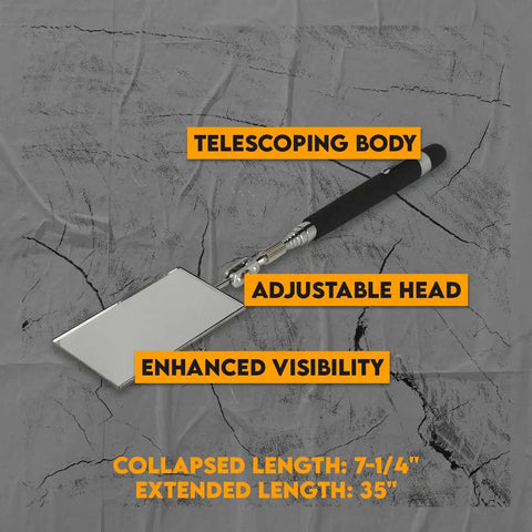 Telescoping 33 Inch Rectangular Inspection Mirror With Cushioned Grip Handle Adjustable Pivot Neck Extends From 7.25 Inches To 35 Inches, lying on a textured surface with labels highlighting features.