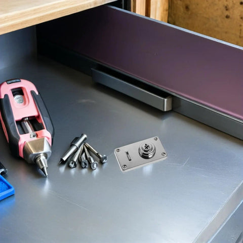 Cool Vintage Iron Luggage Locks With Dual Security For Suitcases And Toolboxes, installed on a toolbox with tools nearby.