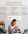Woman using ChargePoint app for HomeFlex Level 2 EV Charger With NACS Tesla Compatible Hardwired Charging Station Fast Home Charge Solution With App Control.