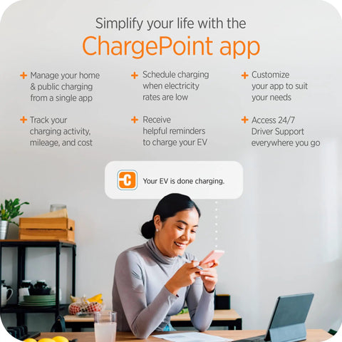 Person using ChargePoint app for HomeFlex Level 2 EV Charger For Tesla Models 3, S, X, Y Wall Mount 240V NEMA 14-50 Plug