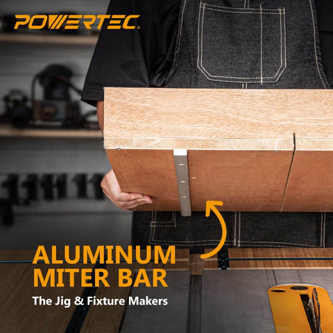 Person holding wooden board with attached Aluminum Miter Bar from Crosscut Sled and Miter Bar Set for Table Saws, 2 Pack.