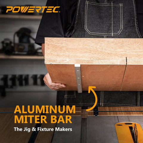 Heavy Duty T Slot Miter Bar Three Quarters By Eighths By Thirty Six Inches With Screw Kit For Router Table Band Saw And Taper Jig Solid Workbench Upgrade Tight Cuts Woodworking Jig Fixture Two Pack showing aluminum miter bar on wood.
