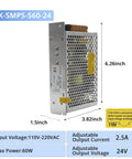 Side view of a Universal 24V DC Power Supply SMPS 60W 110V to 240V AC to 24V DC Converter with dimensions labeled
