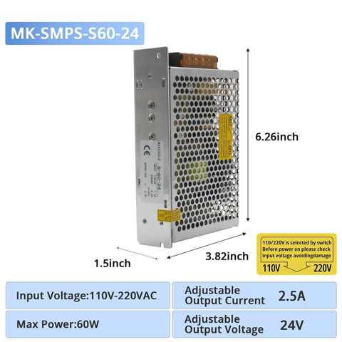 Side view of a Universal 24V DC Power Supply SMPS 60W 110V to 240V AC to 24V DC Converter with dimensions labeled