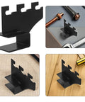 Heavy-Duty Black Stainless Steel Shelf Brackets 2-Pack, Square Pipe Design, shown at different angles with tools nearby