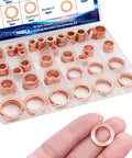 Copper Oil Drain Plug Crush Washer Set 360 Pcs 18 Sizes M6 To M24 shown in box with various copper washers close-up