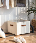 Foldable Shoe Storage Box With Clear Cover And Adjustable Dividers Stash 16 Pairs In A Closet Or Entryway Organizer Durable Beige Cubby Containers For Easy Decluttering And Quick Access placed neatly in a cozy room corner