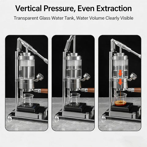 Premium Manual Lever Espresso Maker With 58Mm Professional Brewing Head Portable Hand Pressed Coffee Machine showing water extraction process.