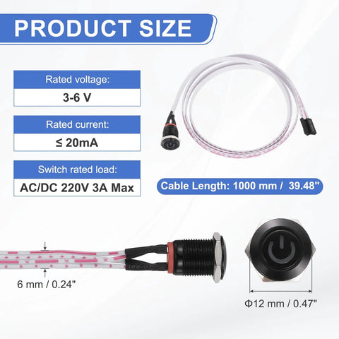12mm Chassis Metal Power Button With Red LED 39 Inch Wire On Off Switch For ATX PC Builds DIY Friendly Case Button Black Finish Easy Install Power Symbol For Front Panel, 39.48in cable