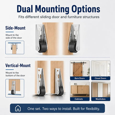 Dual mounting options for Built Tough Vertical Track Roller Wheels With Quiet Rubber Casters For Sliding Barn Doors And Cabinets 110 Lb Bottom Support Kit.