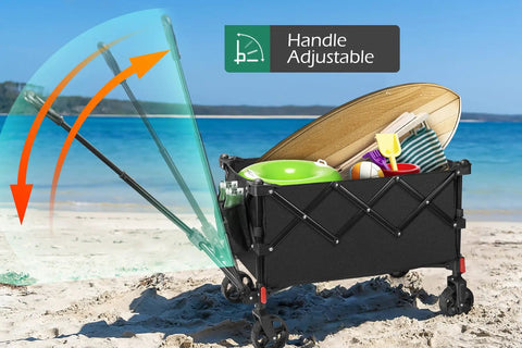 Grab And Go Foldable Camp Wagon With Wheels Heavy Duty Cart Holds 220 Lb And 100L Capacity For Beach Groceries Pets Garden And Outdoor Adventures, Water Resistant And Scratch Resistant, Carbon Steel Frame With 600D Oxford Fabric on beach.
