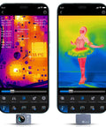 Pocket Sized Android Thermal Imager With Macro Lens P2 Pro Infrared Camera 512x384 Resolution 15x Zoom Temperature Range From minus four to 1112 F Ultra Clear Heat Vision For Phone Razor X Engine showing thermal images on a phone display, including a dancer and electronics.