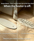 2x10 Inch Aluminum RV Floor Vent Cover With Magnet Assisted Removable Lid showing dust blockage on a wooden floor
