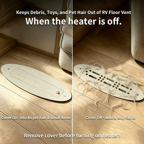 2x10 Inch Aluminum RV Floor Vent Cover With Magnet Assisted Removable Lid showing dust blockage on a wooden floor