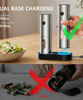 Rechargeable Electric Salt And Pepper Grinder Set With USB C Charging Dock Stainless Steel Auto Grinders shown on dock