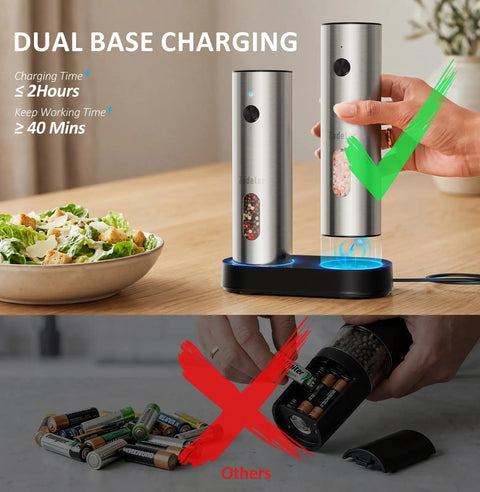 Rechargeable Electric Salt And Pepper Grinder Set With USB C Charging Dock Stainless Steel Auto Grinders shown on dock