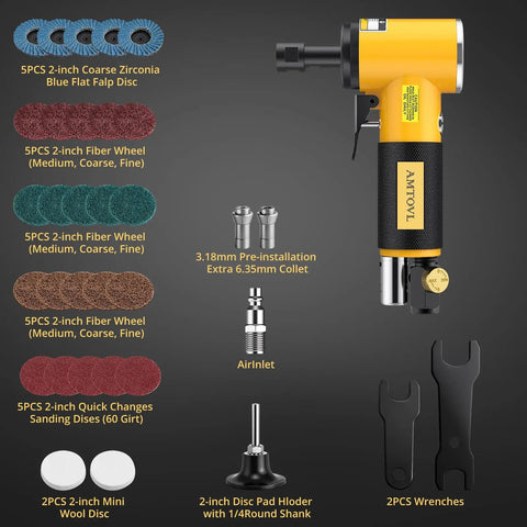 Right Angle Air Die Grinder Kit with One Quarter Inch and One Eighth Inch Collets, 20,000 RPM, with accessories and sanding discs.