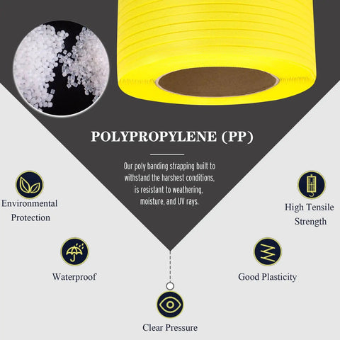Heavy Duty Polypropylene Strapping Roll Yellow Pallet Packaging Banding Strap For Secure Shipping 3280 Feet Long, close-up of polypropylene material.