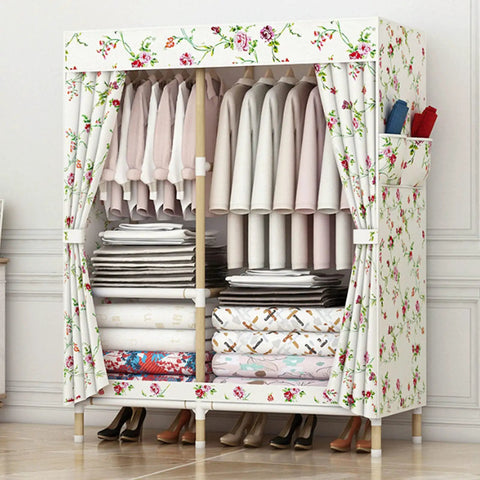 Gotta Love This Portable Canvas Wardrobe Folding Storage Organizer With Steel Rod Breathable Fabric Clothes Closet with floral design.