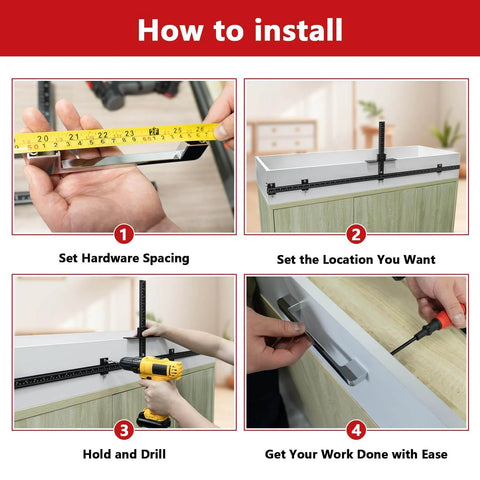 Step-by-step installation using 44 Inch Cabinet Hardware Jig Kit With 16 Inch Handle Jig And Auto Center Punch Aluminum Alloy Template Drill Guide For Cabinets Knobs Handles Pulls Drawer And Door Install Like A Pro.