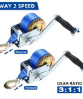 Beefy Heavy Duty Hand Winch 600 Lbs Gear Winch With 21 Cm Handle Crank displayed with forward and reverse instructions