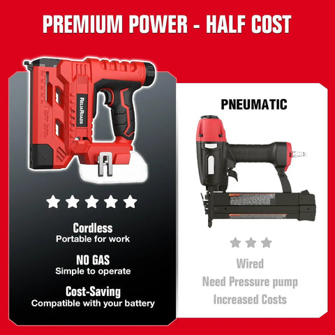 Slick Two In One Cordless 18 Gauge Brad Nailer And Crown Stapler For Diy Home Projects displayed with features and comparison to pneumatic.