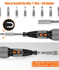 2 In 1 Cordless Electric Screwdriver Kit With LED Light And USB Charging For Quick Home DIY includes a 19 piece bit set and holder