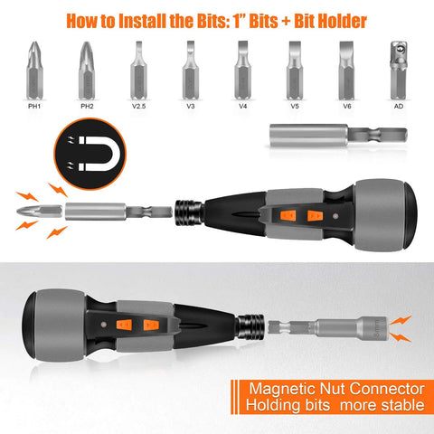 2 In 1 Cordless Electric Screwdriver Kit With LED Light And USB Charging For Quick Home DIY includes a 19 piece bit set and holder