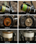 Before and after using All Purpose Fishing Reel Lubricant Kit 1.35oz With Liquid Oil And Solid Grease For All Reel Types on fishing reel.