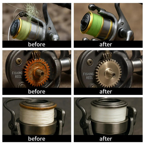 Before and after using All Purpose Fishing Reel Lubricant Kit 1.35oz With Liquid Oil And Solid Grease For All Reel Types on fishing reel.