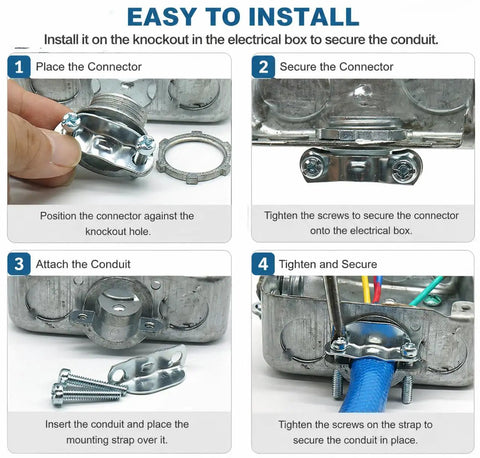 Installation guide for Heavy Duty Zinc Steel Clamp Cable Connectors For Romex Wires Electrical Box Setup, showing connector placement and securing.