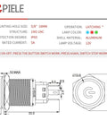 Technical diagram of 16mm Beefy Latching Push Button Switch with 12V LED Ring, 1NO1NC SPDT On Off, metal housing, blue ring light.