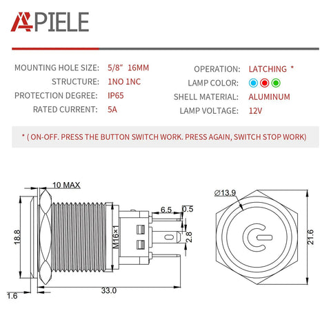 Technical diagram of 16mm Beefy Latching Push Button Switch with 12V LED Ring, 1NO1NC SPDT On Off, metal housing, blue ring light.