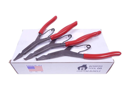 Lock Ring Pliers Set 9 Inch 3 Piece With Straight Right Angle And Thin Bent Curved Tips Made in USA Red Grips Smooth Spring Action