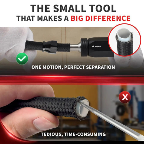 Pro Grade 4 In 1 PTFE Hose Tool demonstrating seamless separation and guiding of ferrules on braided fuel hose 4AN 6AN 8AN 10AN.