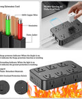 18 In 1 Power Strip With 12 AC Outlets 6 USB Ports Surge Protector 5 Ft Extension Cord 1440 Joules Wide Voltage 120 To 240V ETL Listed For Home Office Kitchen Dorm Wall Desk Charging Station, black