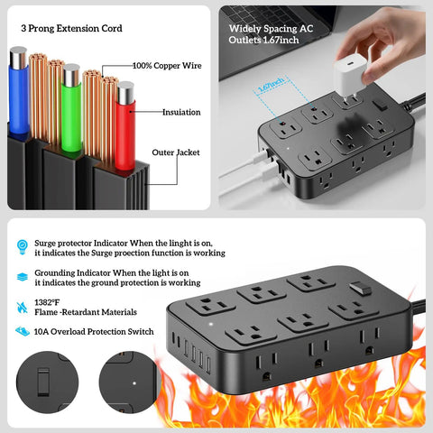 18 In 1 Power Strip With 12 AC Outlets 6 USB Ports Surge Protector 5 Ft Extension Cord 1440 Joules Wide Voltage 120 To 240V ETL Listed For Home Office Kitchen Dorm Wall Desk Charging Station, black