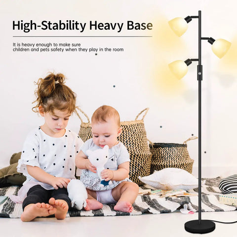 Three Head Floor Lamp With Rotating Heads, 3 Way Dimmer, Includes 3x 4W E12 LED Bulbs, Metal Pole Torchiere next to children