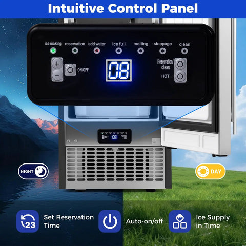 Intuitive control panel of 15 Inch Under Counter Commercial Ice Maker Produces 110 Lbs Of Ice Daily With 25 Lb Storage Capacity Sleek Silver And Black Finish.