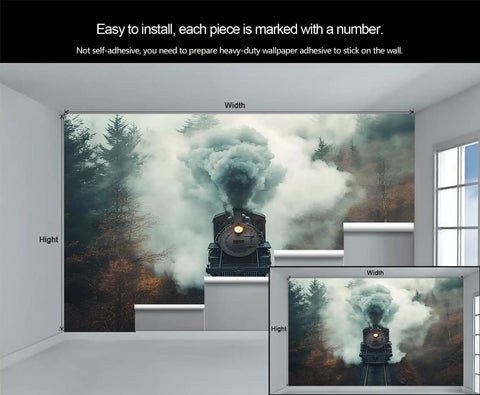 Epic Locomotive Through Foggy Forest 3D Wall Mural Dope Train Adventure Wallpaper For Living Room And Bedroom Large 118 Inch Wide By 82.6 Inch High Silk Cloth Durable Indoor Decor displayed in room
