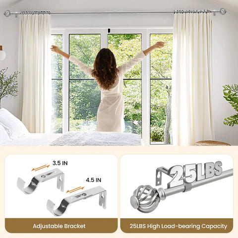 Decorative Curtain Rod With Birdcage Finial Design, Adjustable 28 To 48 Inch Length, supporting drapes in living room