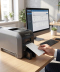 Keep Your Card Printer Runnin Smooth These Adhesive Cleaning Cards Ditch Dust Lint Roller Gunk Quick Fix For Datacard SR200 SR300 RL90 LM200 LM300 RP90 Plus Models Pack Of Ten Solid Tech Gear in office setting with printer and monitor.