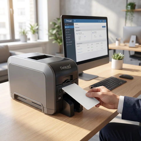 Keep Your Card Printer Runnin Smooth These Adhesive Cleaning Cards Ditch Dust Lint Roller Gunk Quick Fix For Datacard SR200 SR300 RL90 LM200 LM300 RP90 Plus Models Pack Of Ten Solid Tech Gear in office setting with printer and monitor.