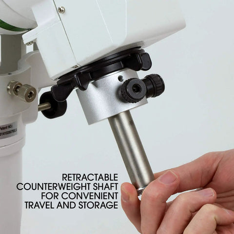Close-up of GoTo Telescope Mount With Dual OTA Capability And Belt Driven Steppers showing retractable counterweight shaft.