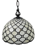 Tiffany Style Hanging Pendant Lamp 12 Inch Stained Glass With White Jeweled Inset Antique Vintage Decor, close-up view of dome shade
