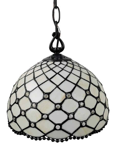 Tiffany Style Hanging Pendant Lamp 12 Inch Stained Glass With White Jeweled Inset Antique Vintage Decor, close-up view of dome shade