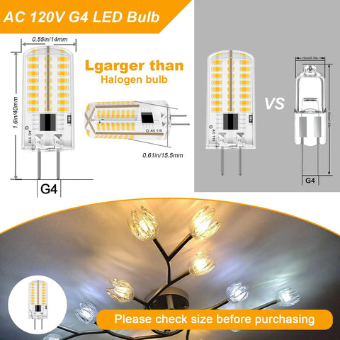 Comparison of AC 120V G4 LED bulb with halogen, showing size and light output in ceiling fixture, 110V-130V G4 LED Bulb 3W Dimmable Warm White 3000K Not 12V Low-Voltage 20W Halogen Equivalent Bi-Pin Base for Under-Cabinet and Ceiling Lights No-Brainer Pack of 10