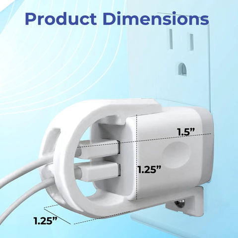 Lock Down Your Wall Outlet With This Tug Proof Charger Lock That Attaches Via Heavy Duty Security Screw To Block Sneaky Tugs And Keep Dual Charging Cables Locked Tight Forever, showing product dimensions on a wall.