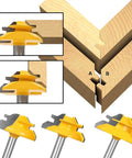 Heavy Duty 45 Degree Lock Miter Router Bit Set With Quarter Inch Shank And Auto Center Punch For Cabinet Building, showing miter cuts and router bit details.